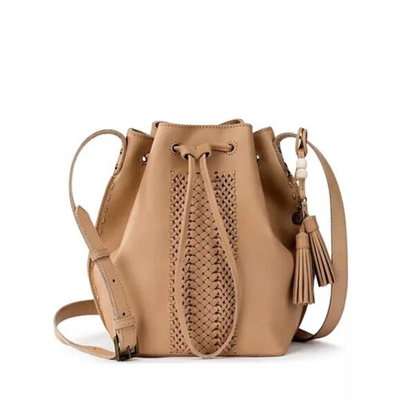 The Sak Naturals Collection Tan Woven Vachetta Leather Drawstring Bucket Bag - Picture 1 of 11